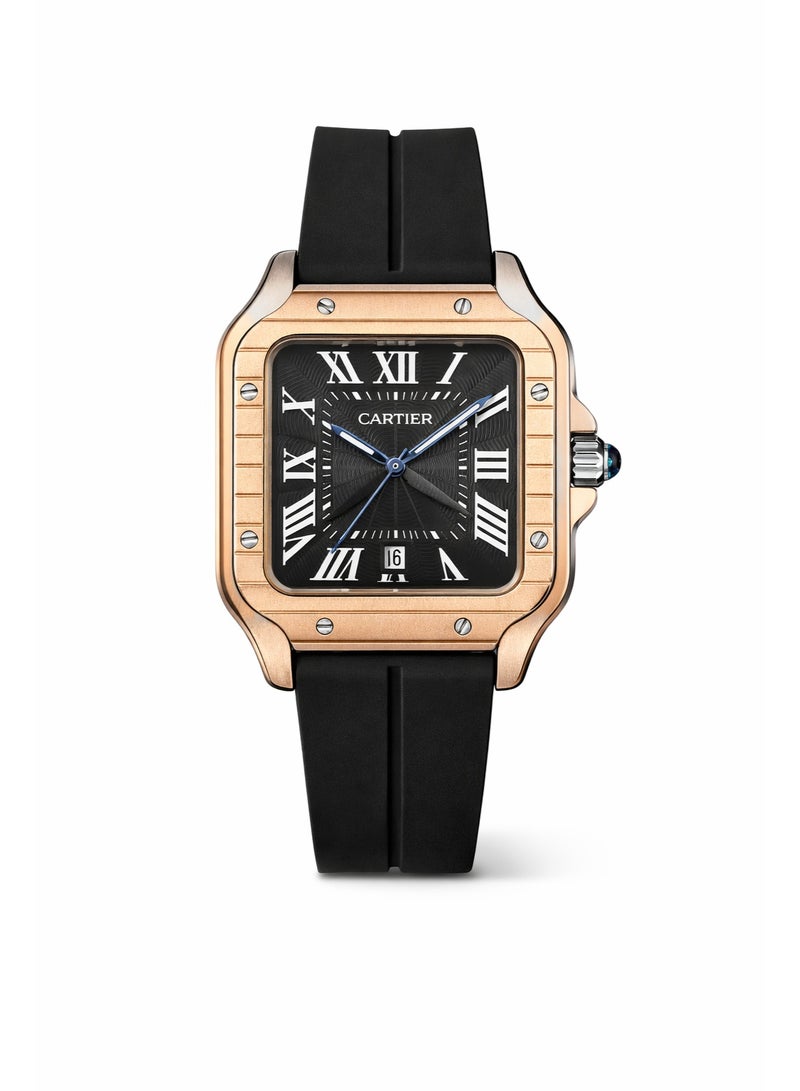 كارتييه ساعة كارتييه سانتوس مربعة بإطار ذهبي وردي، ميناء أسود وسوار مطاطي أسود - Image 1